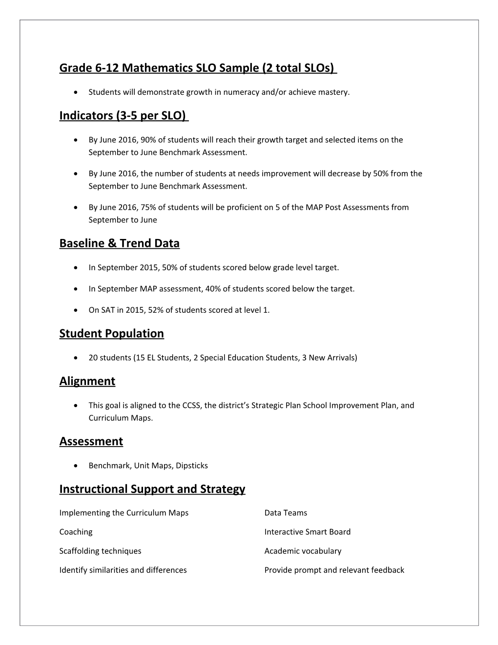 Grade 6-12 Mathematics SLO Sample (2 Total Slos)