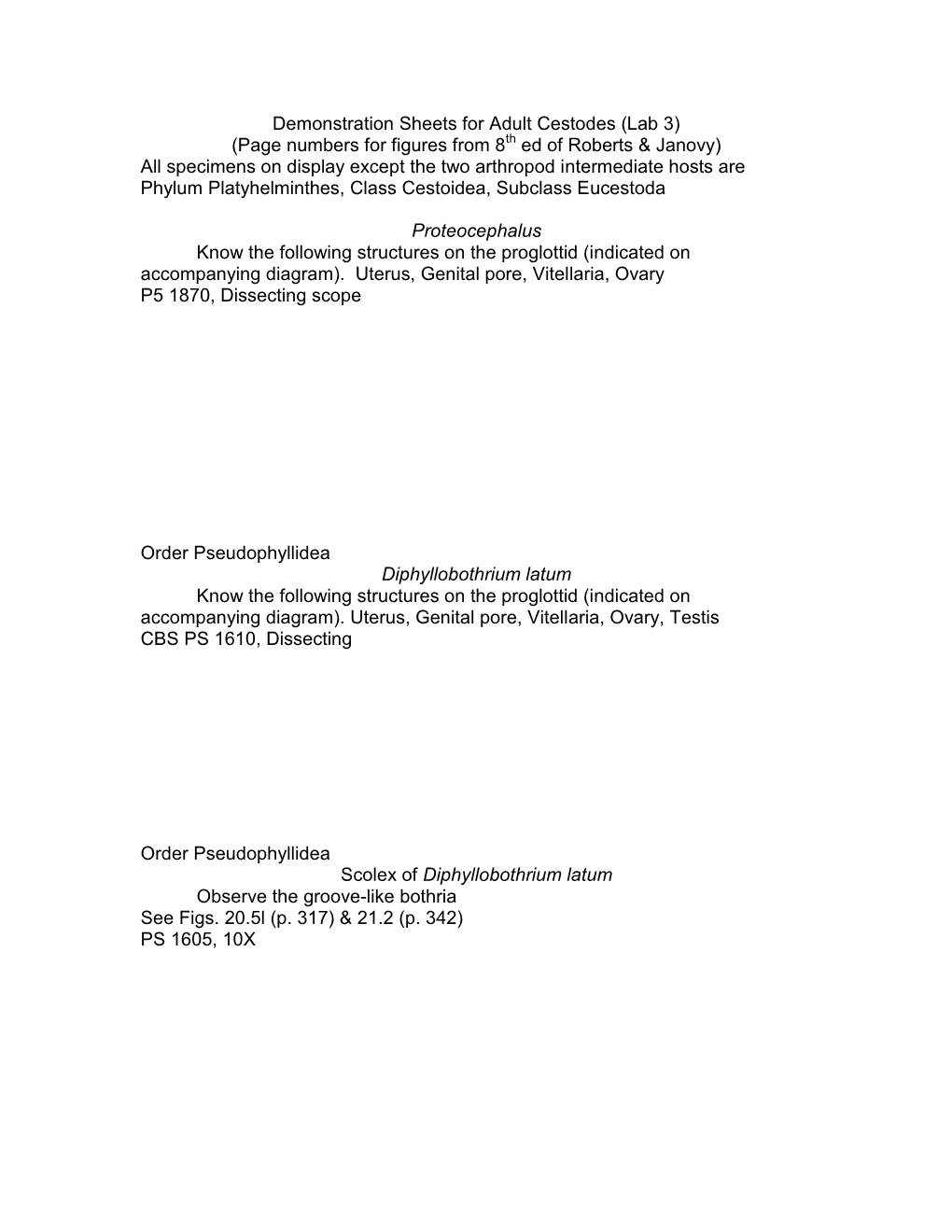 Demonstration Sheets for Adult Cestodes (Lab 3) (Page Numbers