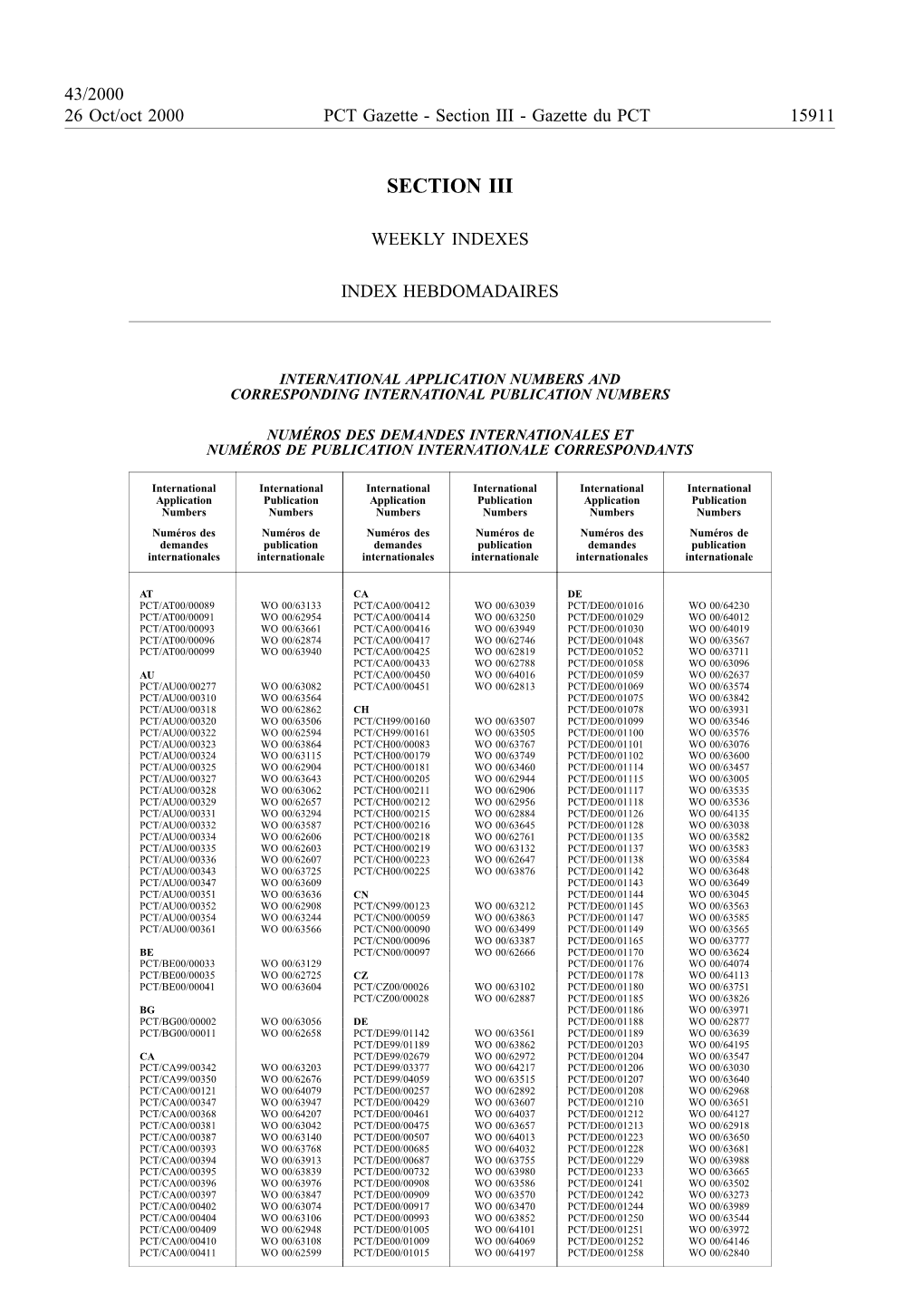 PCT Gazette, Weekly Issue No. 43, 2000