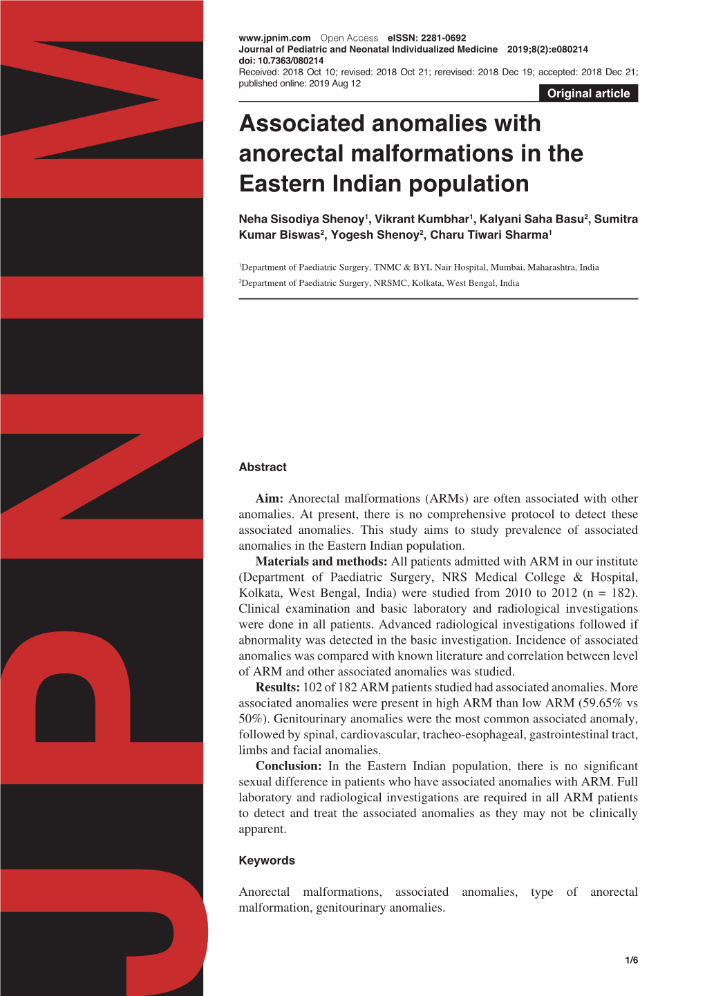Associated Anomalies with Anorectal Malformations in the Eastern Indian Population