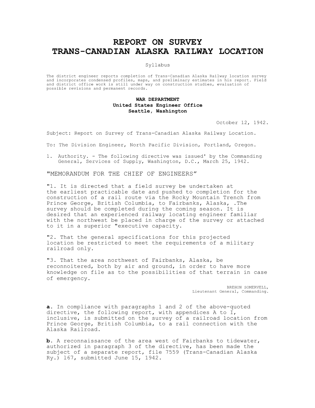 Report on Survey Trans-Canadian Alaska Railway Location