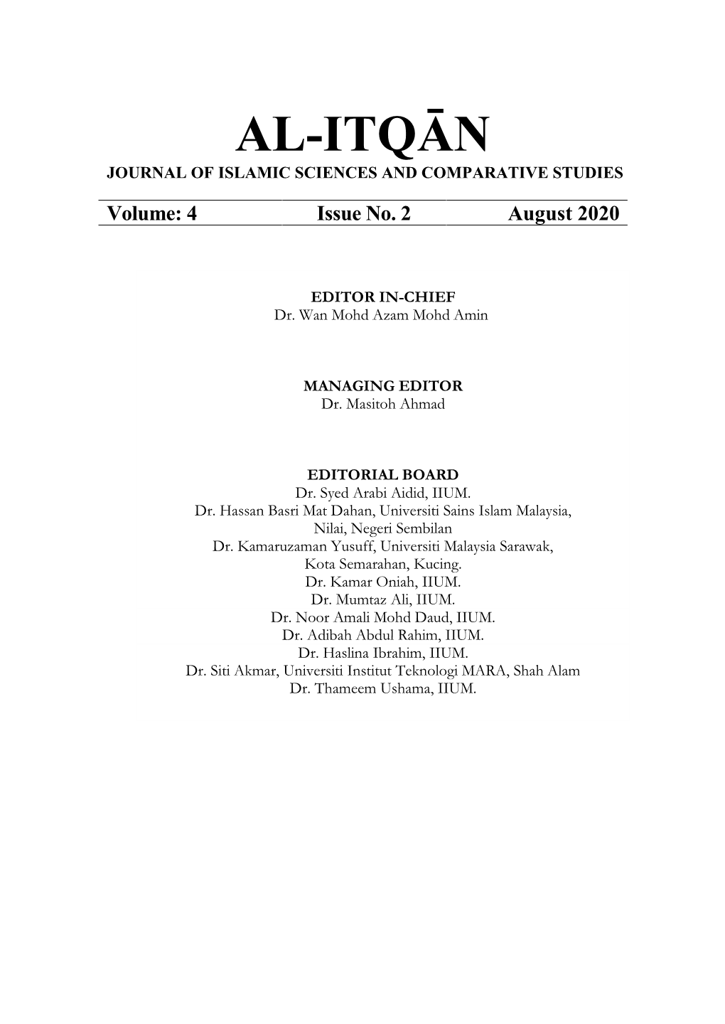 Al-Itqān Journal of Islamic Sciences and Comparative Studies