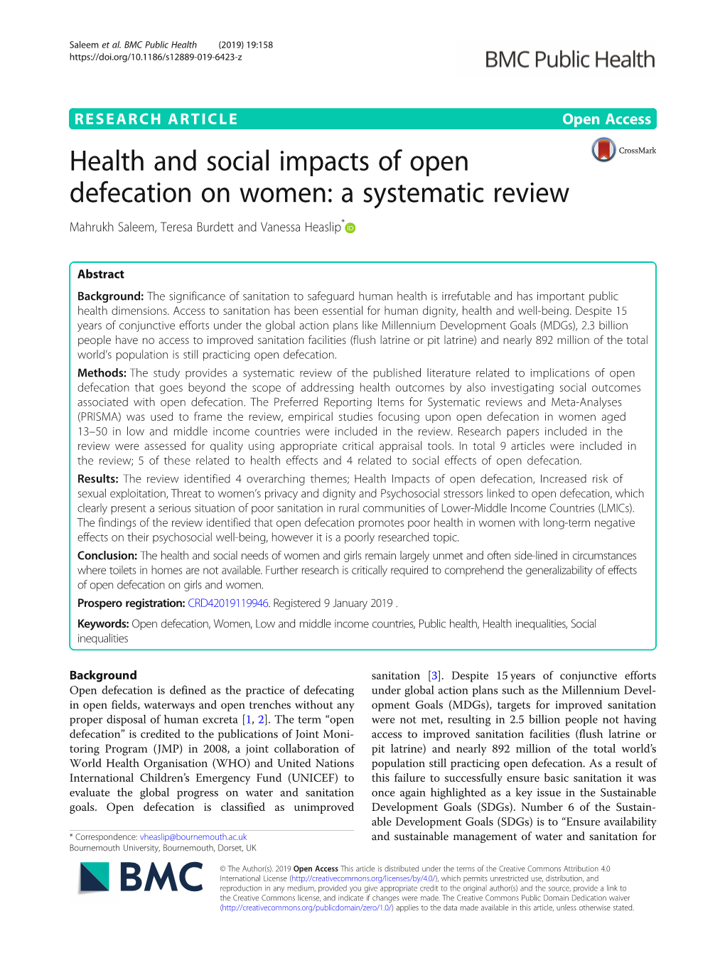 Health and Social Impacts of Open Defecation on Women: a Systematic Review Mahrukh Saleem, Teresa Burdett and Vanessa Heaslip*