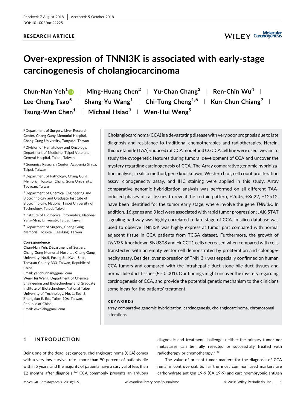 Over-Expression of TNNI3K Is Associated with Early-Stage Carcinogenesis of Cholangiocarcinoma