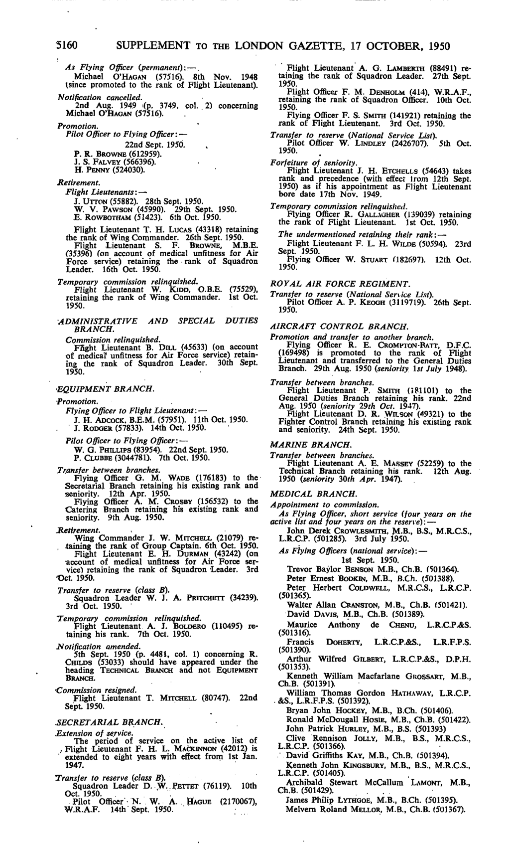 5160 Supplement to the London Gazette, 17 October, 1950