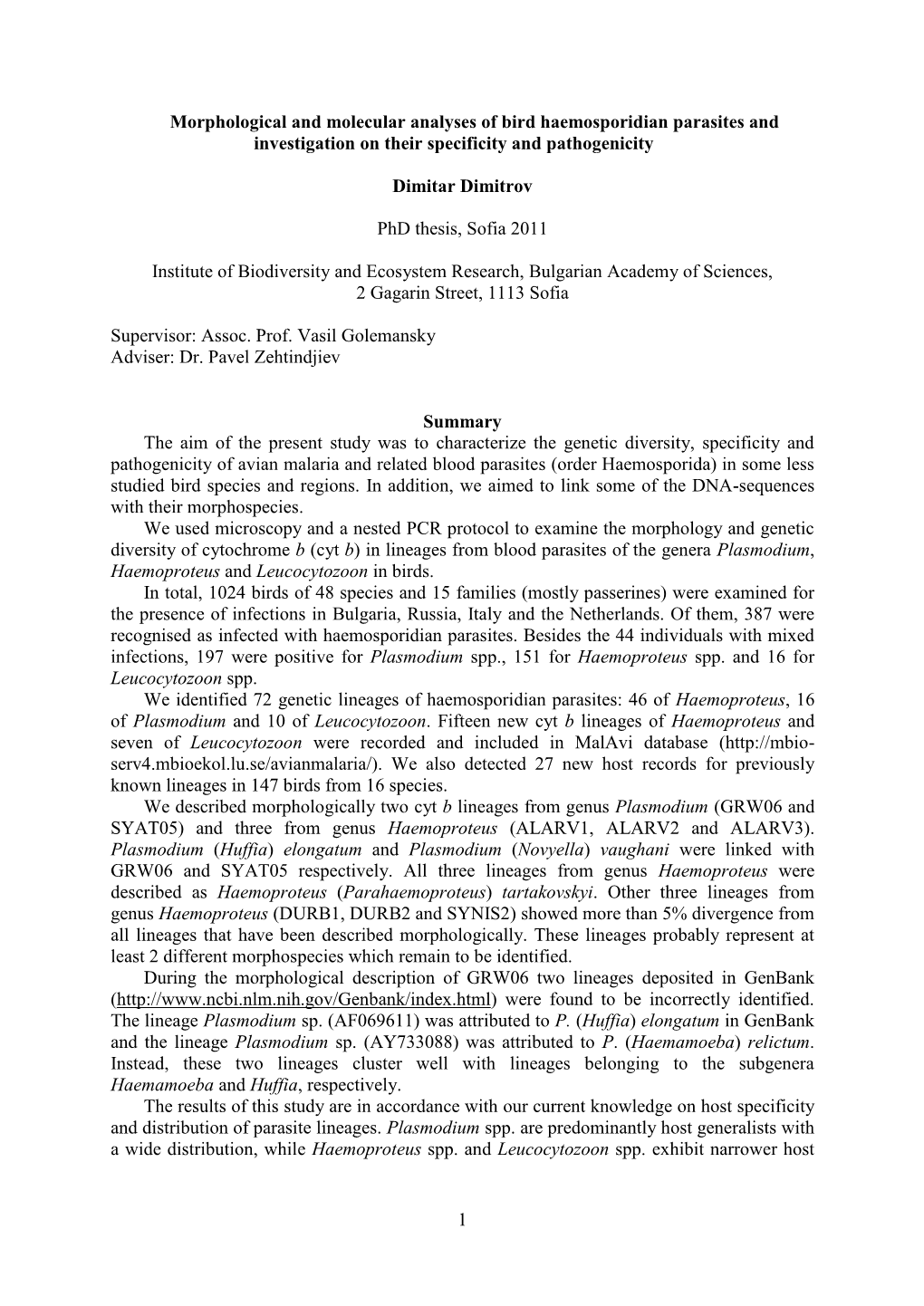 1 Morphological and Molecular Analyses of Bird Haemosporidian