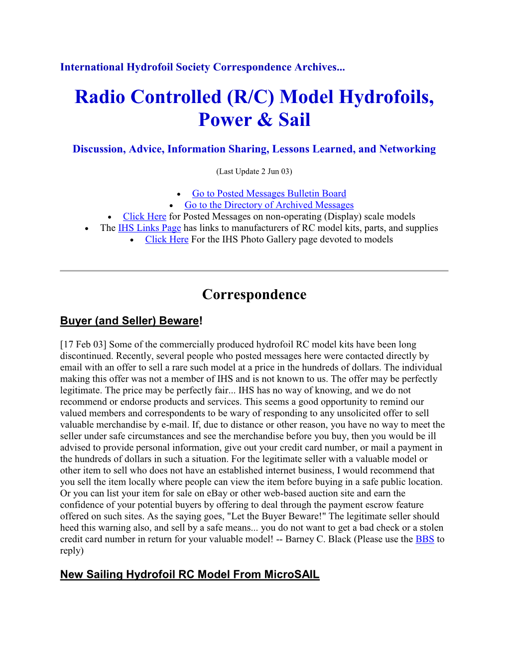 Radio Controlled (R/C) Model Hydrofoils, Power & Sail