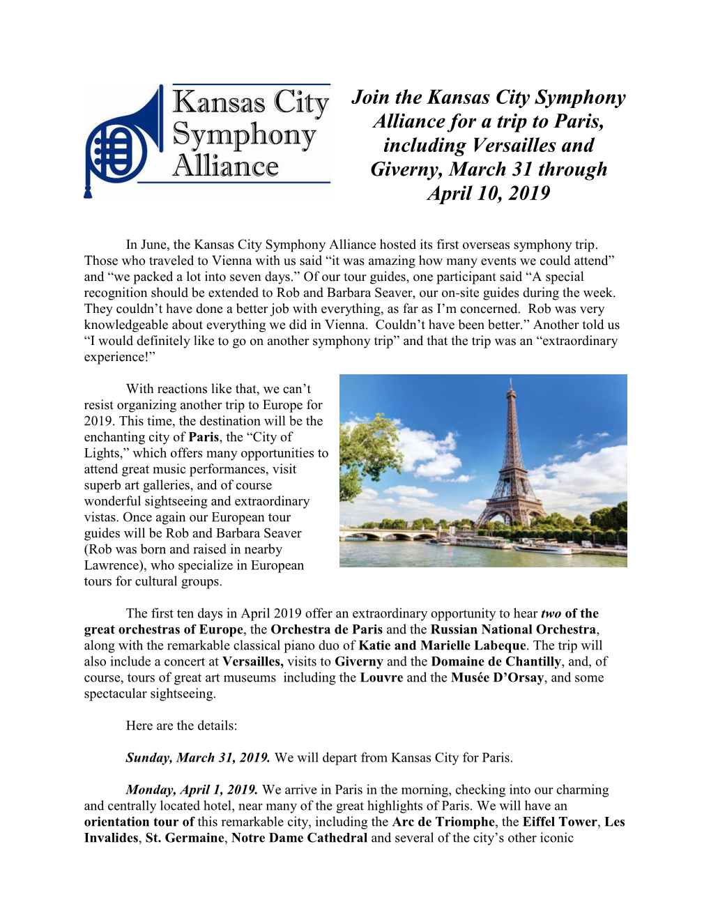 Join the Kansas City Symphony Alliance for a Trip to Paris, Including Versailles and Giverny, March 31 Through April 10, 2019