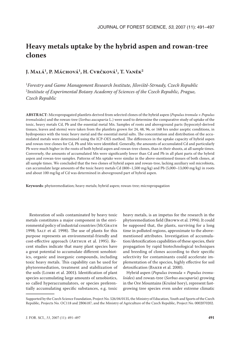 Heavy Metals Uptake by the Hybrid Aspen and Rowan-Tree Clones