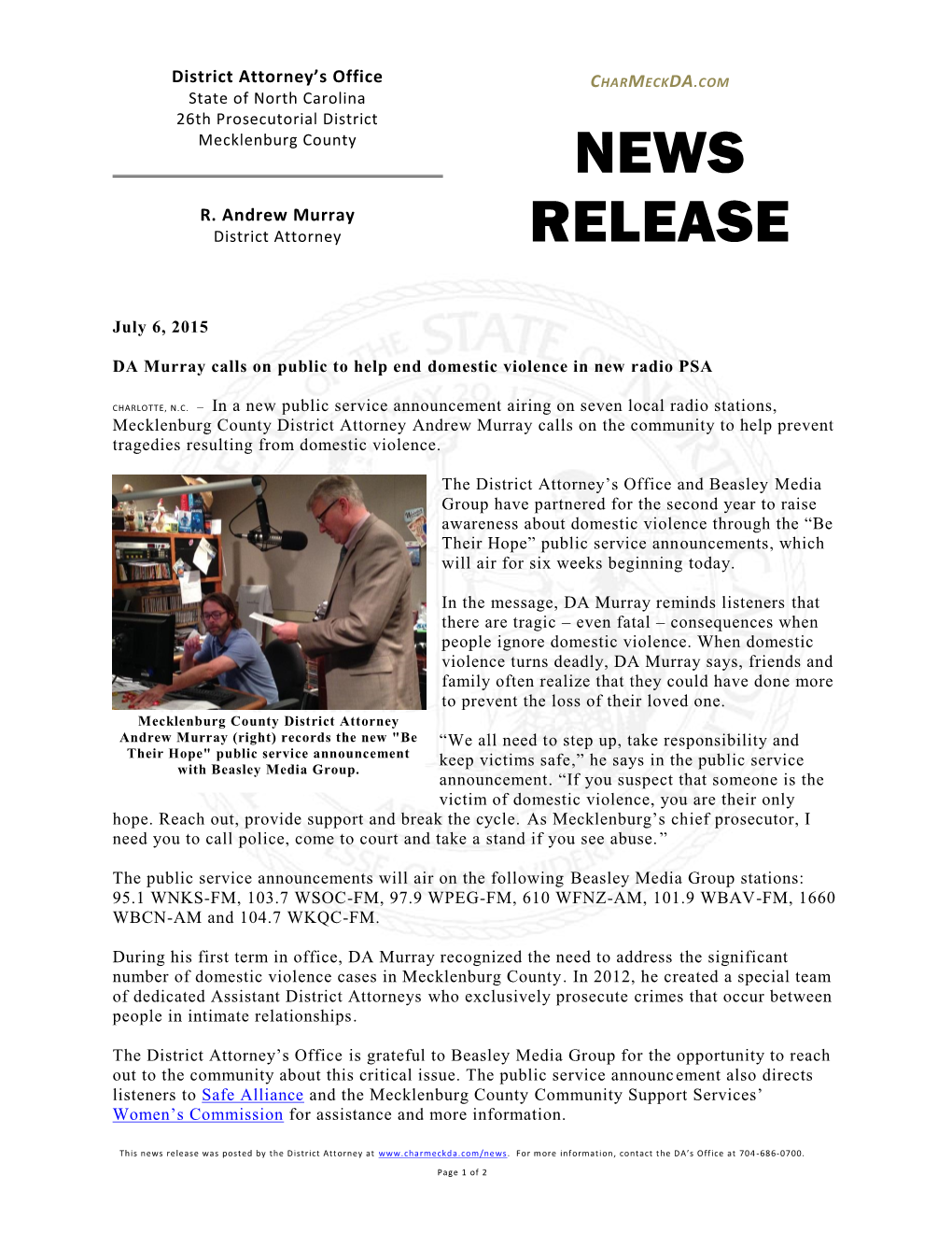 News Release Was Posted by the District Attorney At