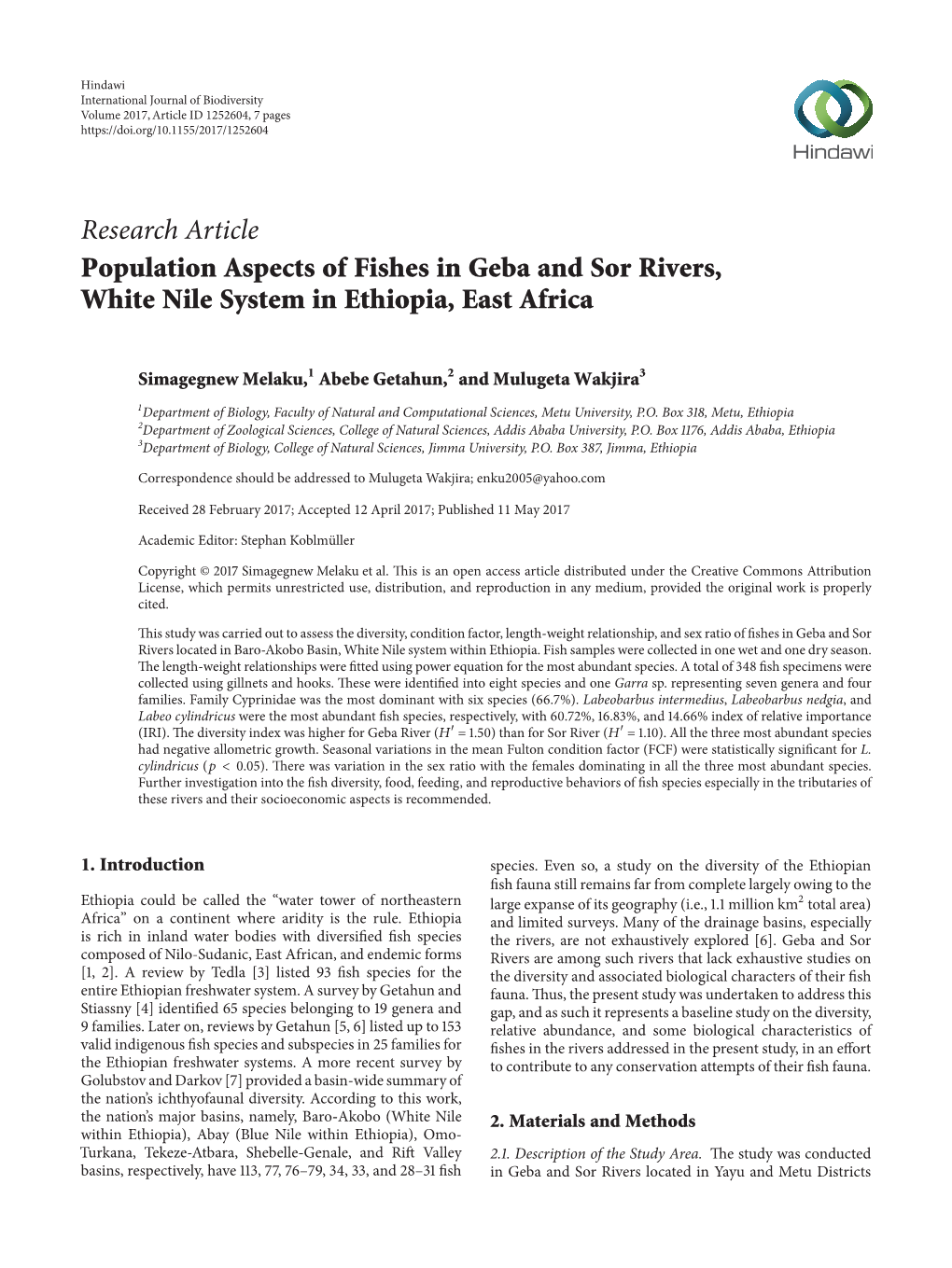 Population Aspects of Fishes in Geba and Sor Rivers, White Nile System in Ethiopia, East Africa