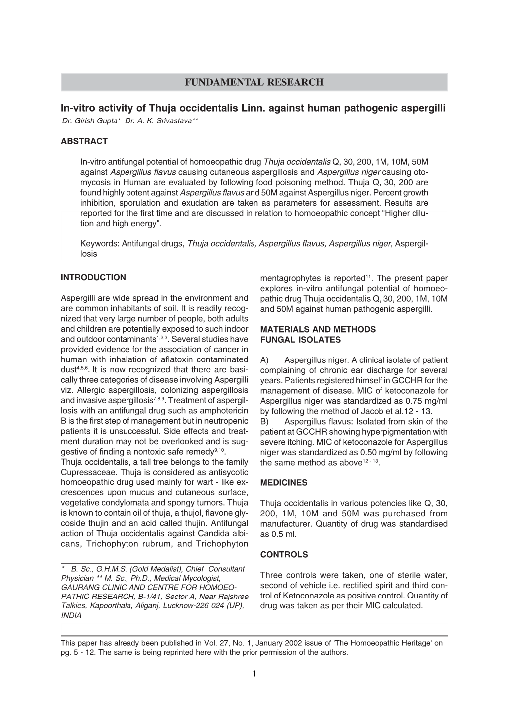 FUNDAMENTAL RESEARCH In-Vitro Activity of Thuja