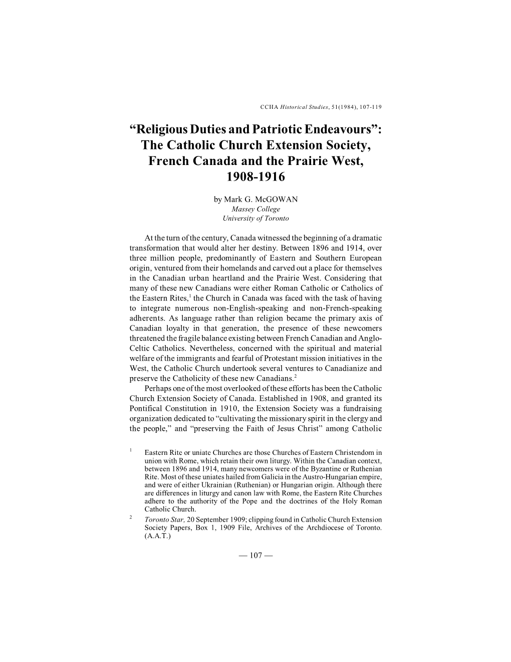 Religious Duties and Patriotic Endeavours”: the Catholic Church Extension Society, French Canada and the Prairie West, 1908-1916