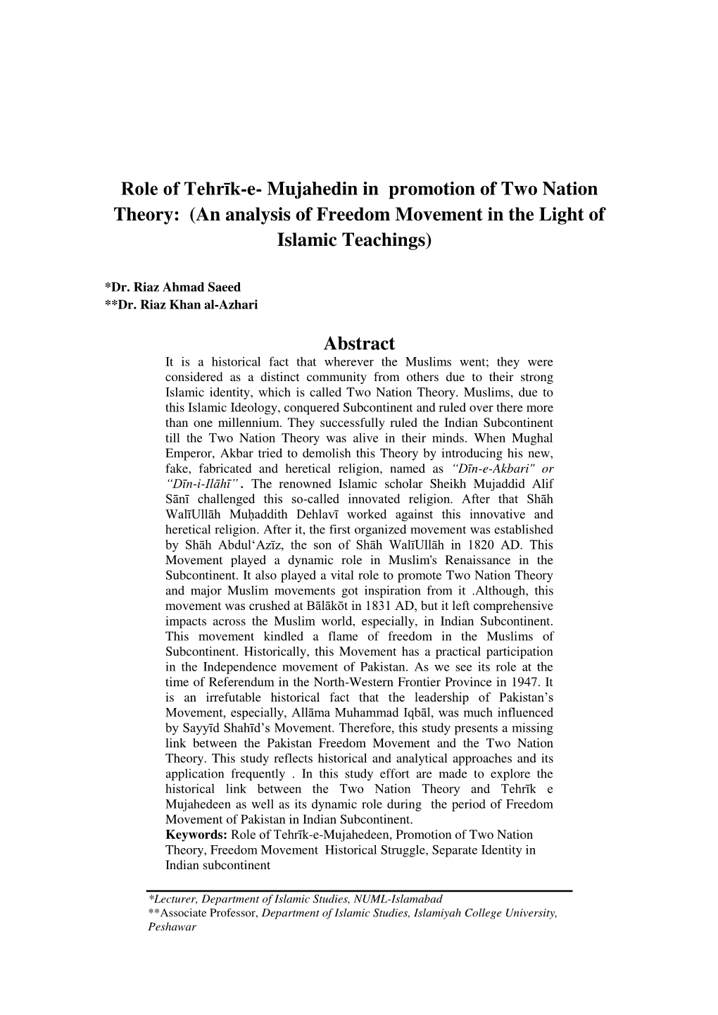 Role of Tehrīk-E- Mujahedin in Promotion of Two Nation Theory: (An Analysis of Freedom Movement in the Light of Islamic Teachings)