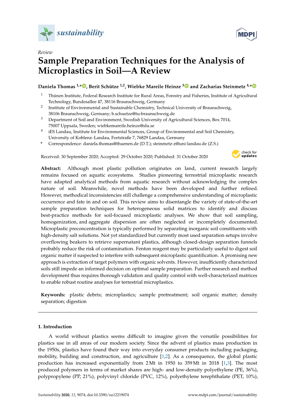 Sample Preparation Techniques for the Analysis of Microplastics in Soil—A Review