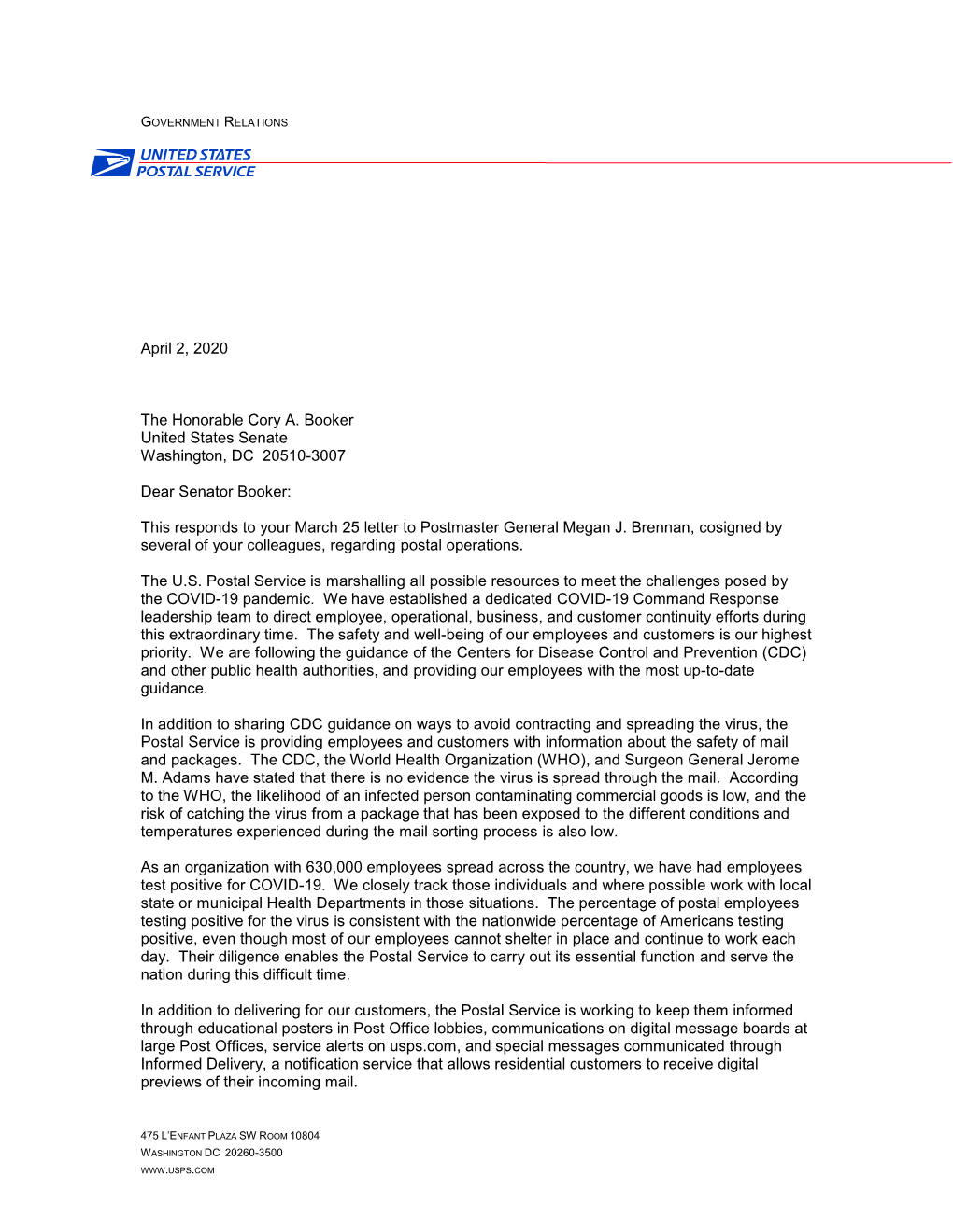 USPS April 2 Response Letter