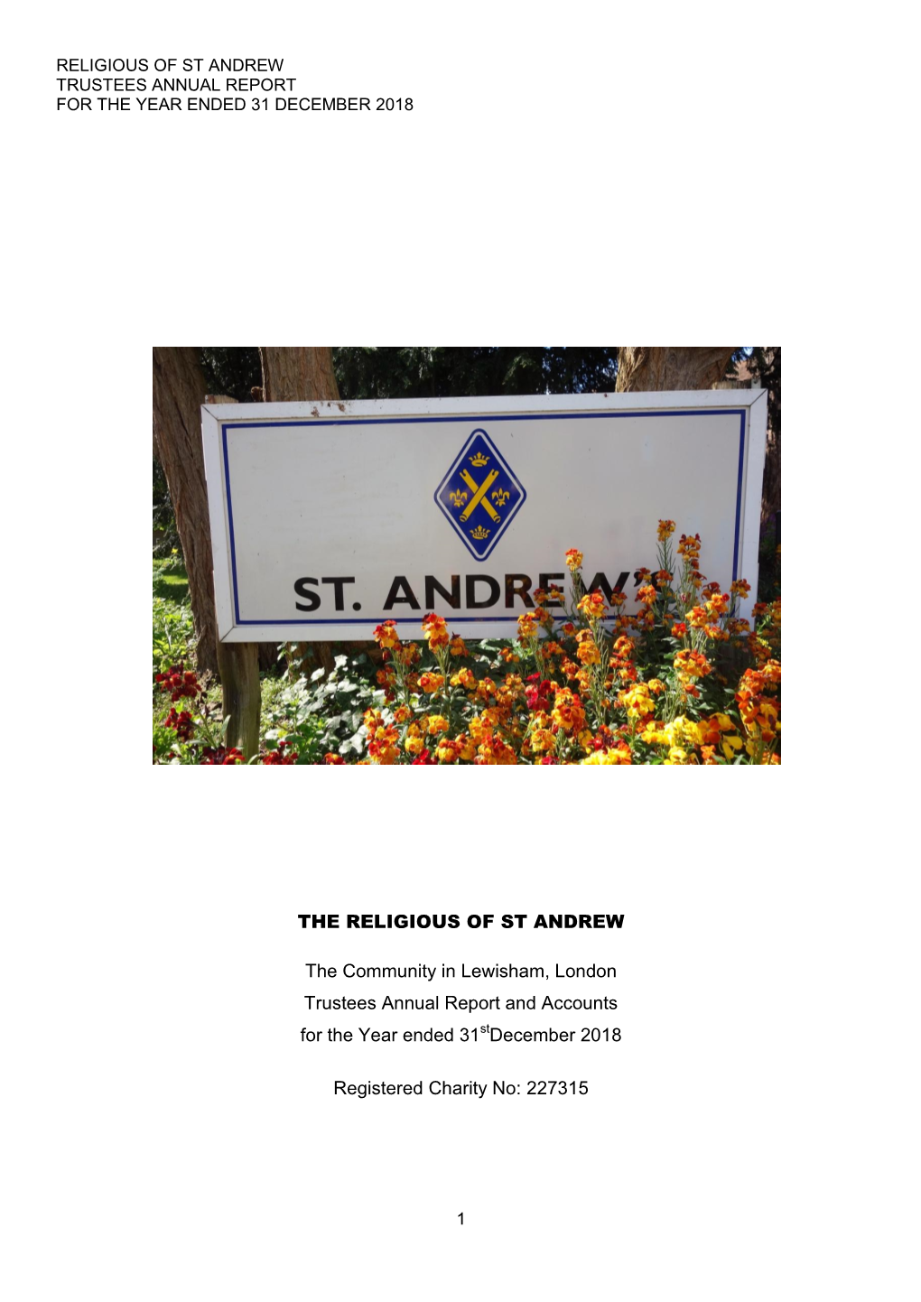 Religious of St Andrew Trustees Annual Report for the Year Ended 31 December 2018