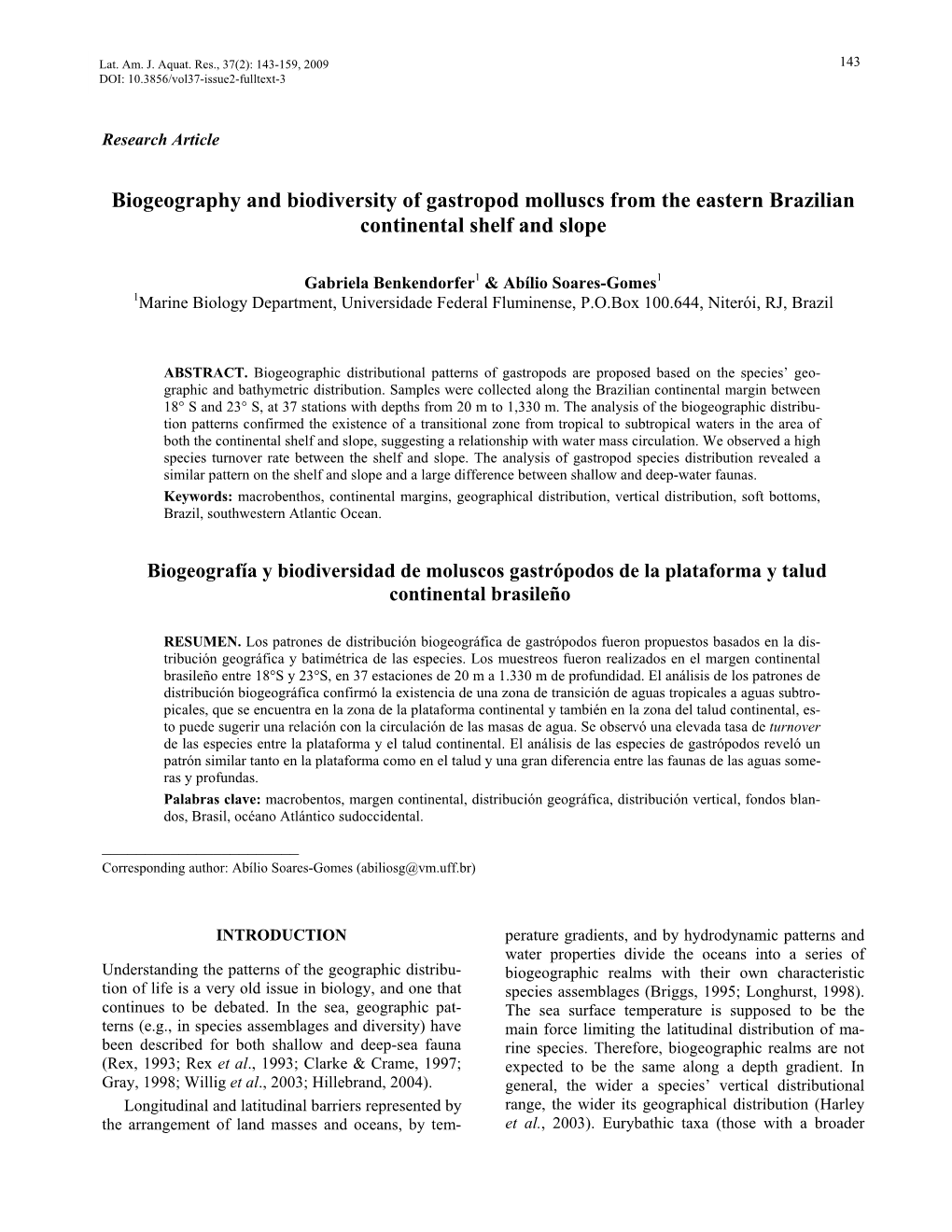 Biogeography and Biodiversity of Gastropod Molluscs from the Eastern Brazilian Continental Shelf and Slope