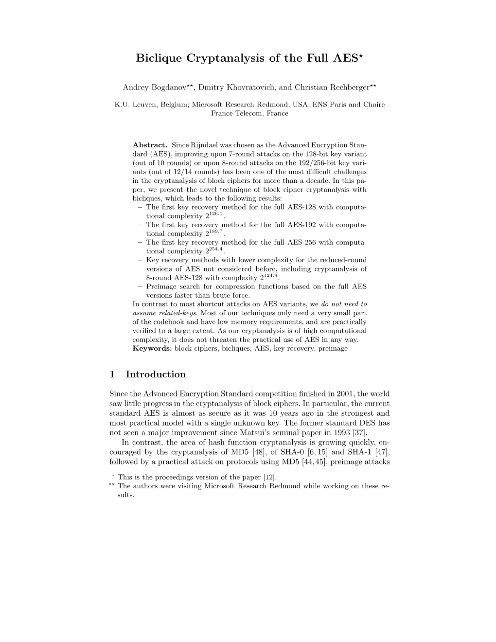 Biclique Cryptanalysis of the Full AES⋆