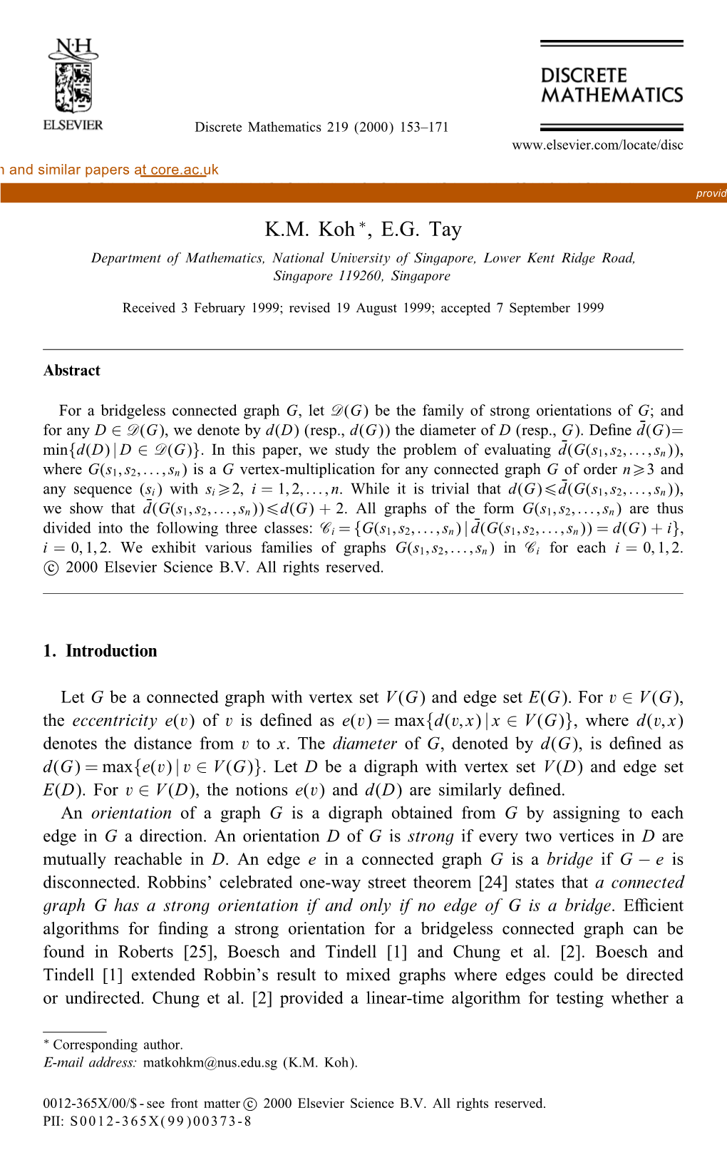 On Optimal Orientations of G Vertex-Multiplications Provided by Elsevier - Publisher Connector K.M