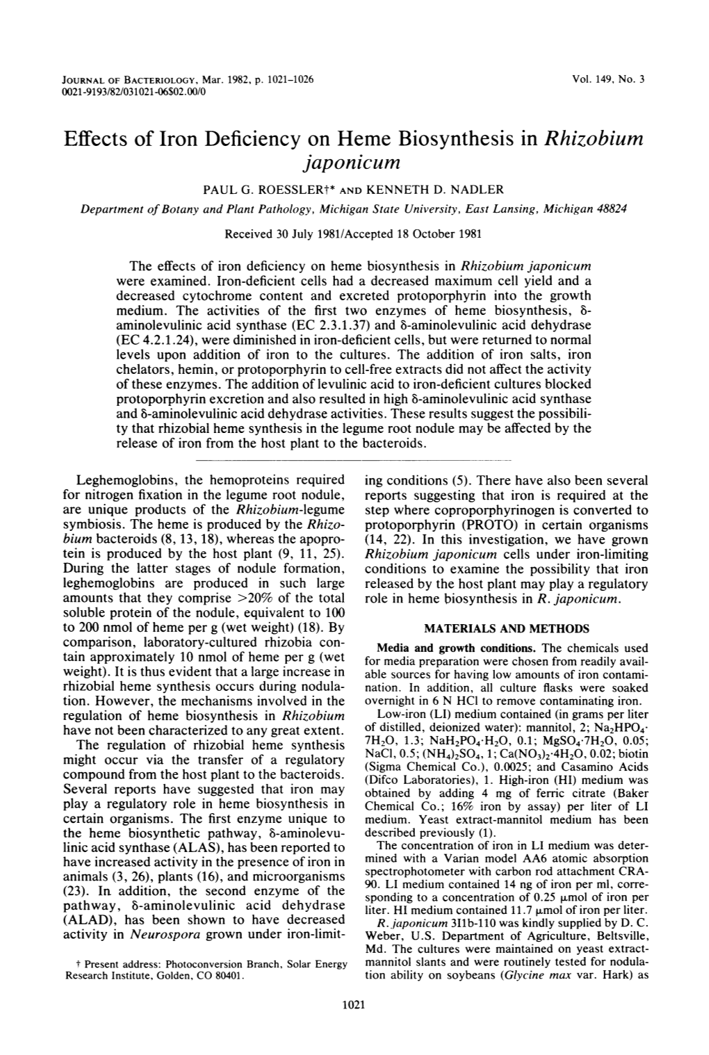 Effects of Iron Deficiency on Heme Biosynthesis in Rhizobium Japonicum PAUL G