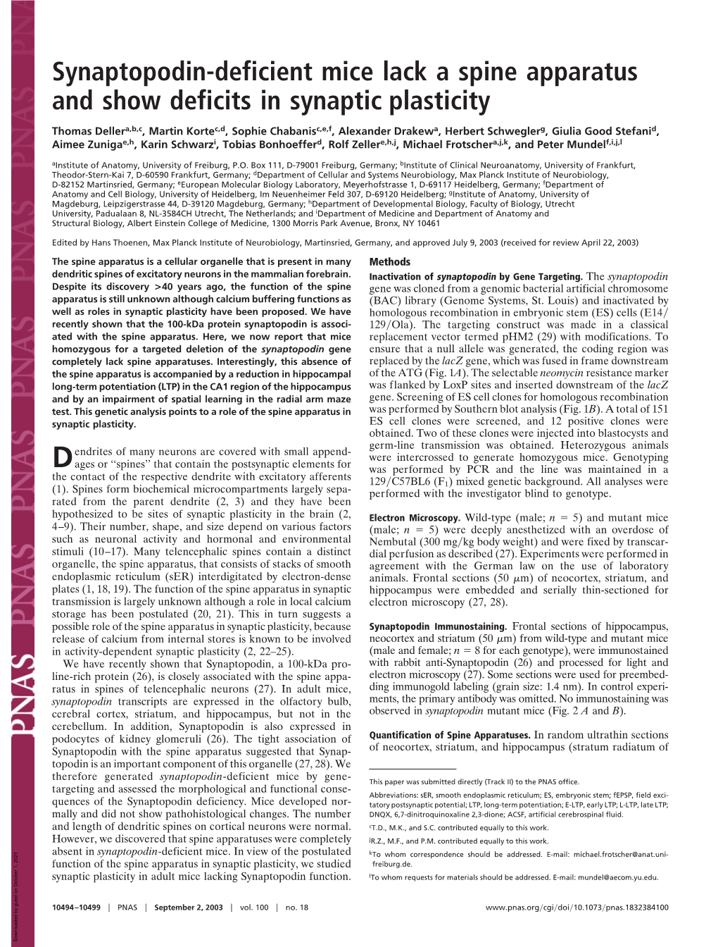 Synaptopodin-Deficient Mice Lack a Spine Apparatus and Show Deficits in Synaptic Plasticity