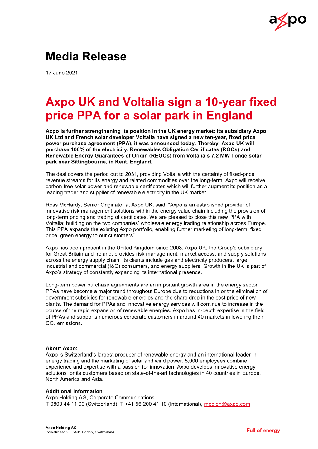 Media Release Axpo UK and Voltalia Sign a 10-Year Fixed Price PPA for A