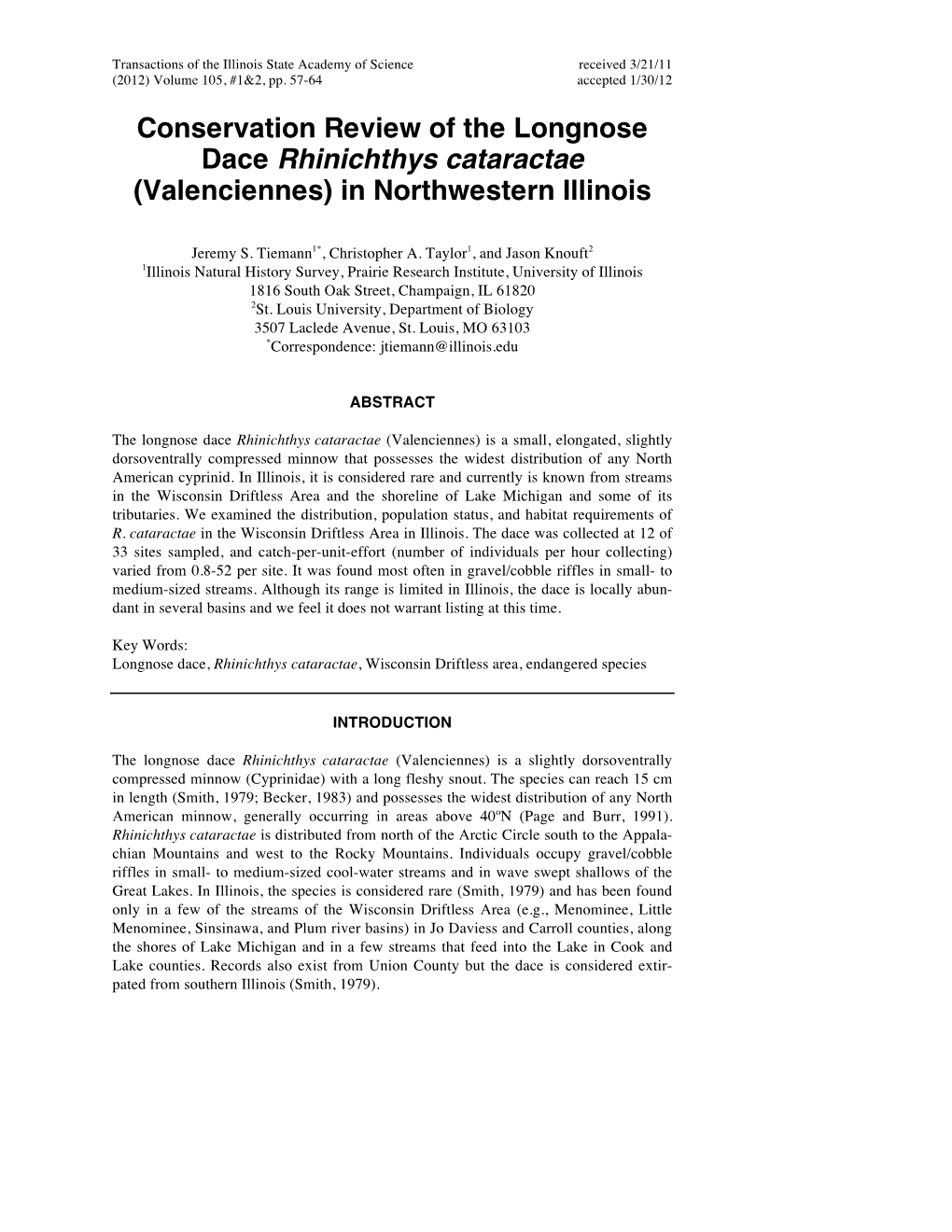 Conservation Review of the Longnose Dace Rhinichthys Cataractae (Valenciennes) in Northwestern Illinois