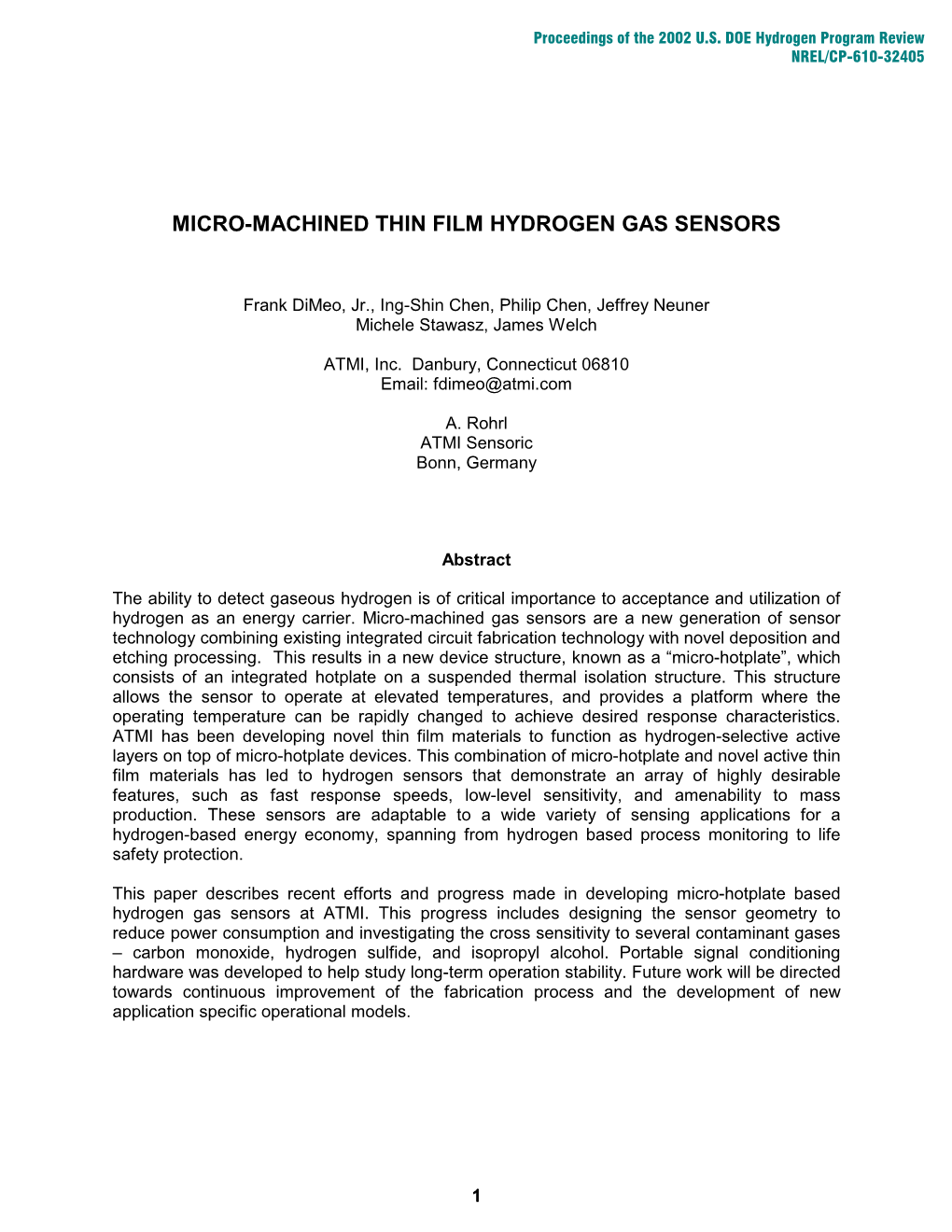 Micro-Machined Thin Film Hydrogen Gas Sensors