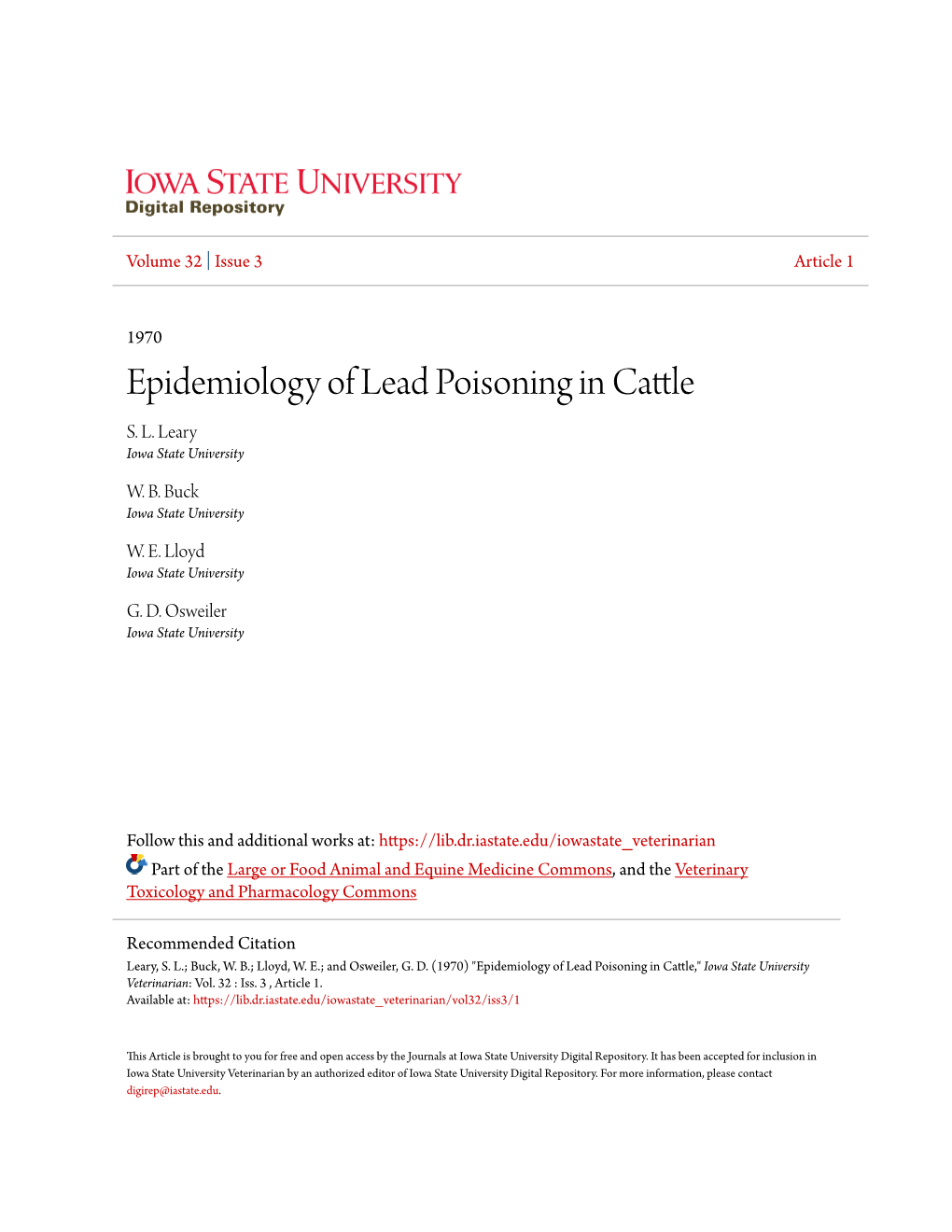 Epidemiology of Lead Poisoning in Cattle S