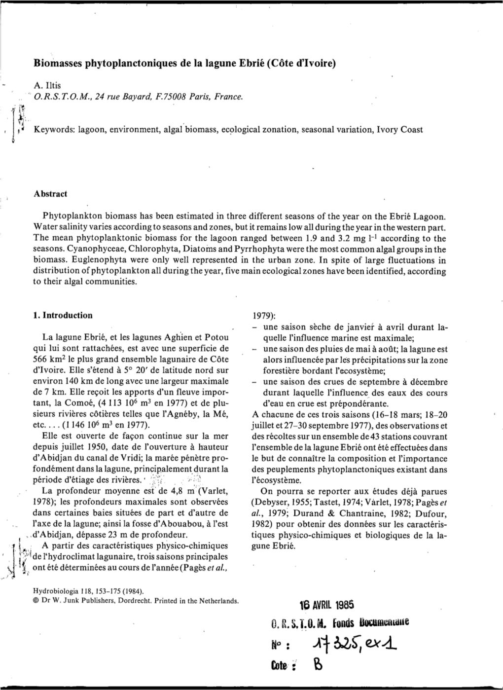 Biomasses Phytoplanctoniques De La Lagune Ebrié (Côte D'ivoire)