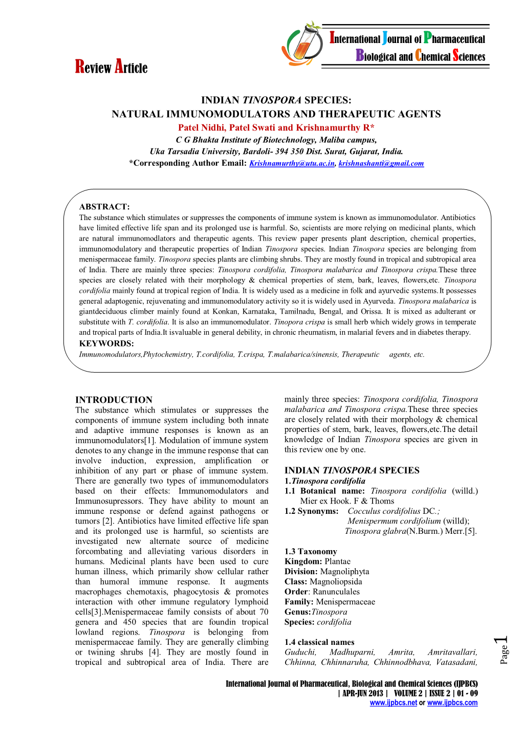 Indian Tinospora Species: Natural Immunomodulators and Therapeutic