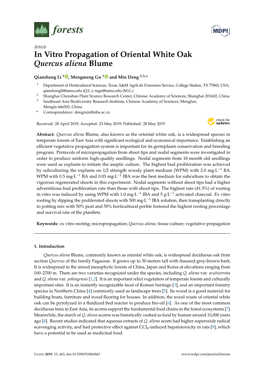 In Vitro Propagation of Oriental White Oak Quercus Aliena Blume