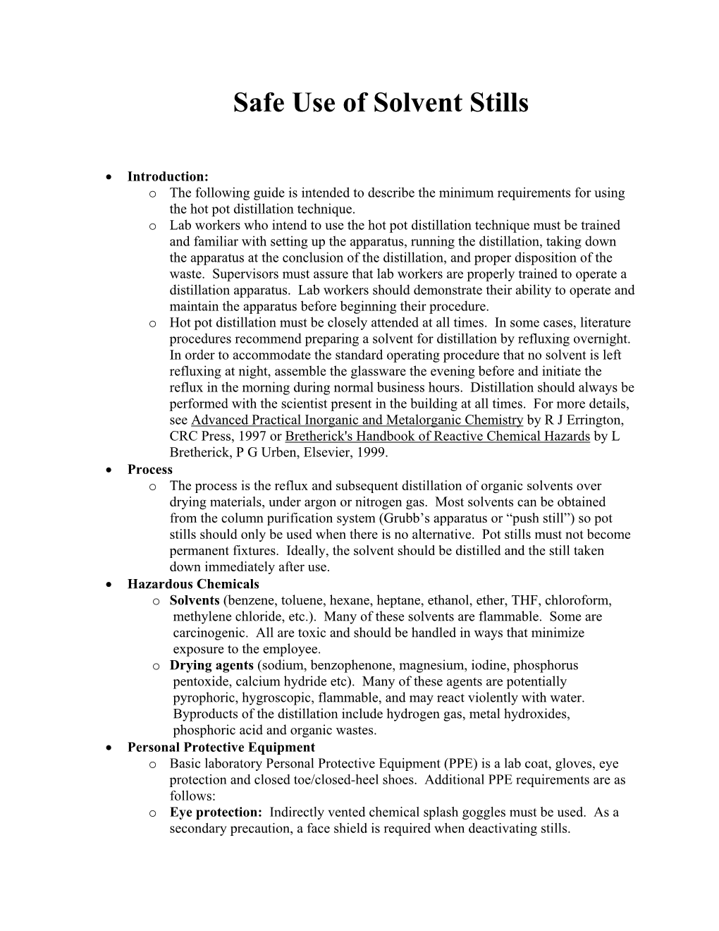 Safe Use of Solvent Stills