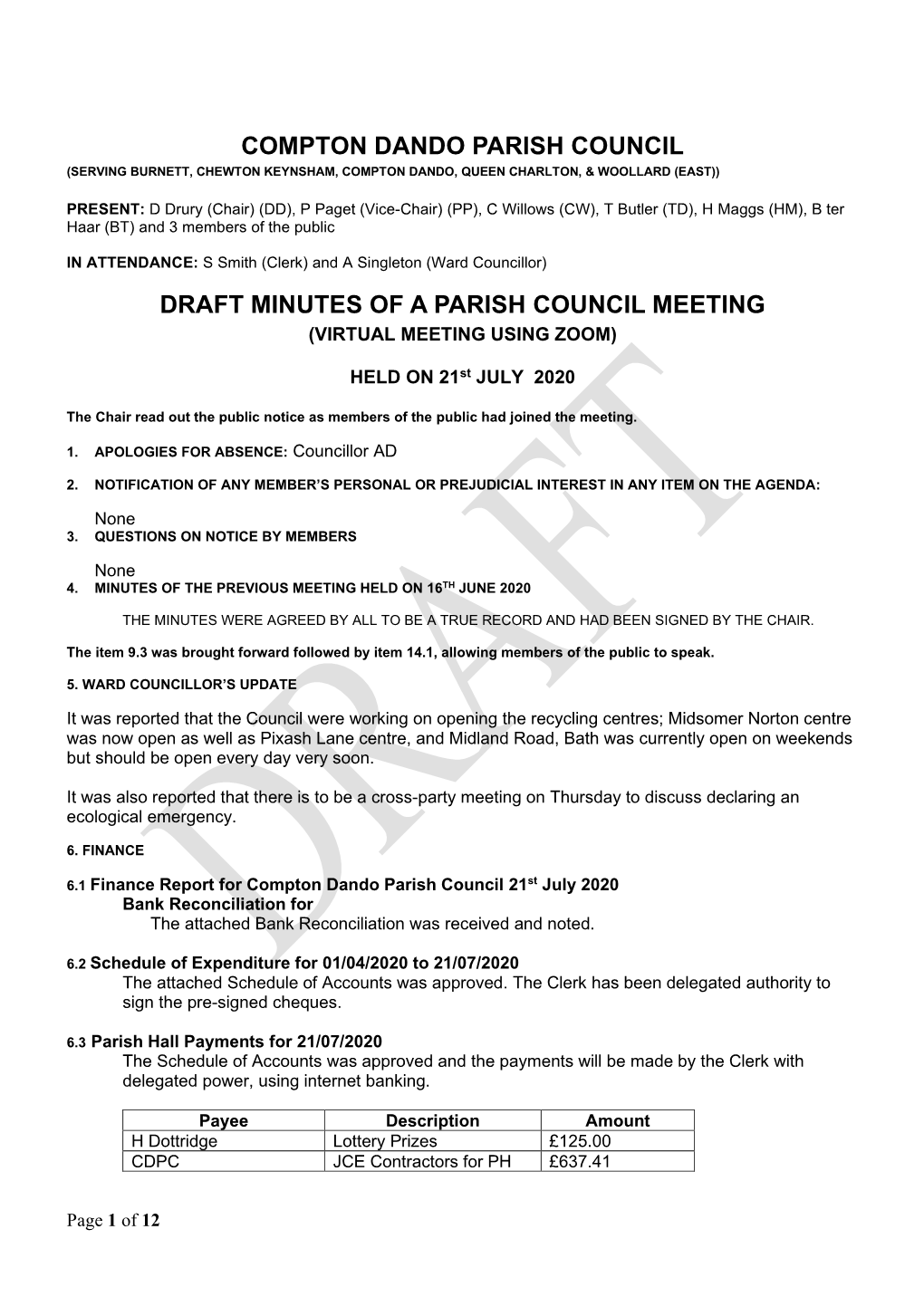 Compton Dando Parish Council Draft Minutes of A