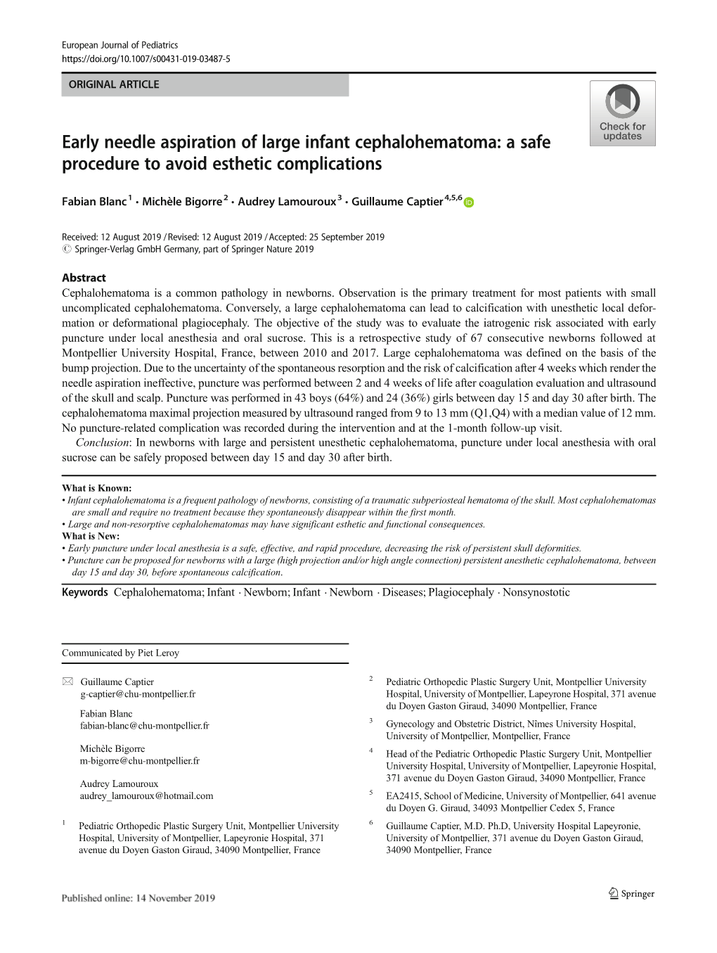 Early Needle Aspiration of Large Infant Cephalohematoma: a Safe Procedure to Avoid Esthetic Complications