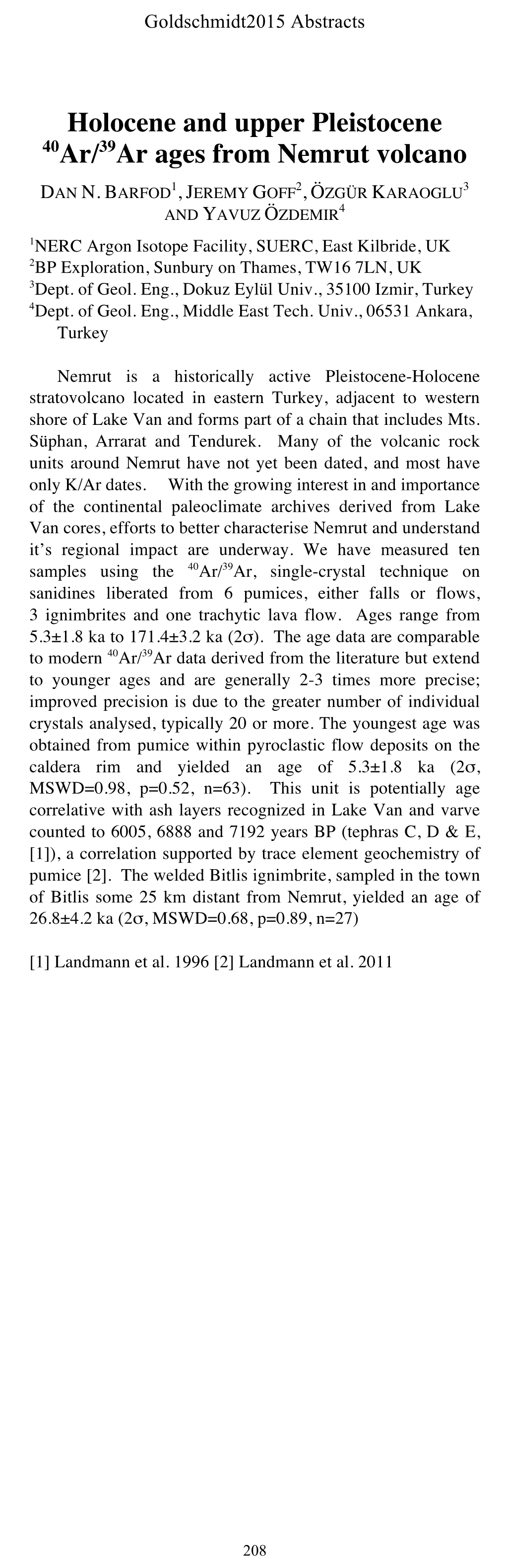 Holocene and Upper Pleistocene 40Ar/39Ar Ages from Nemrut Volcano