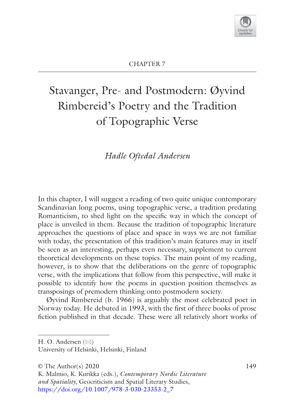 Stavanger, Pre- and Postmodern: Øyvind Rimbereid's Poetry and The