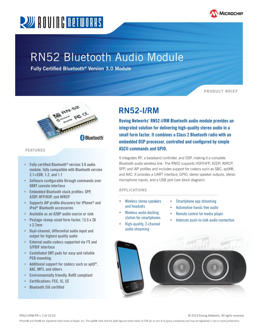 RN52 Bluetooth Audio Module Fully Certified Bluetooth® Version 3.0 Module