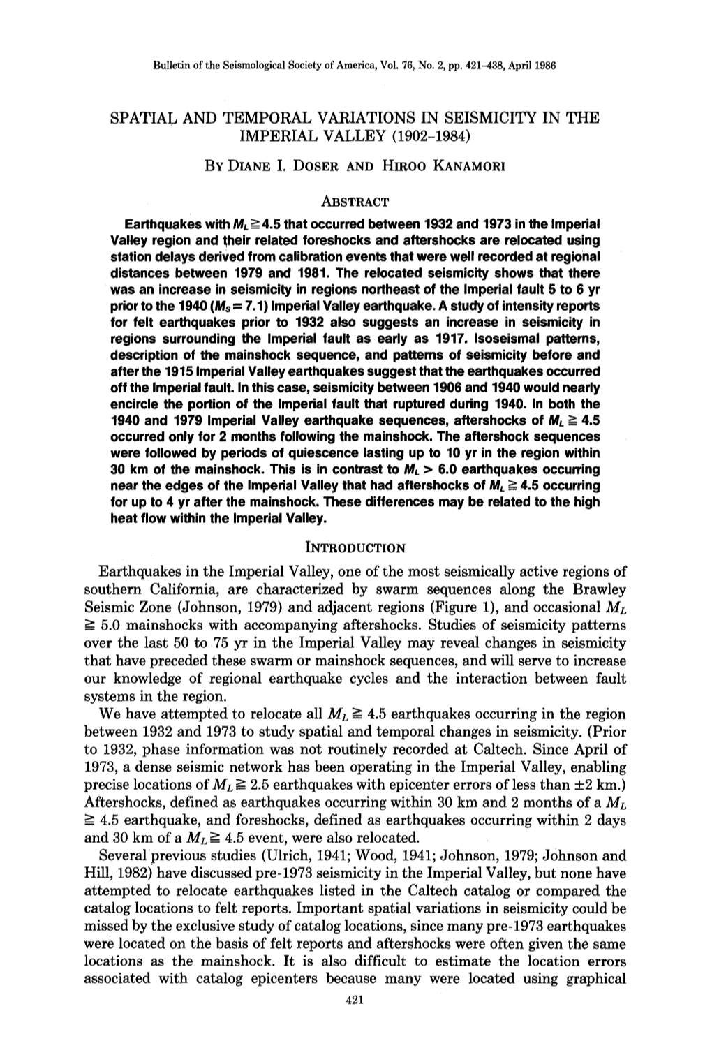 Bulletin of the Seismological Society of America, Vol. 76, No. 2, Pp. 421