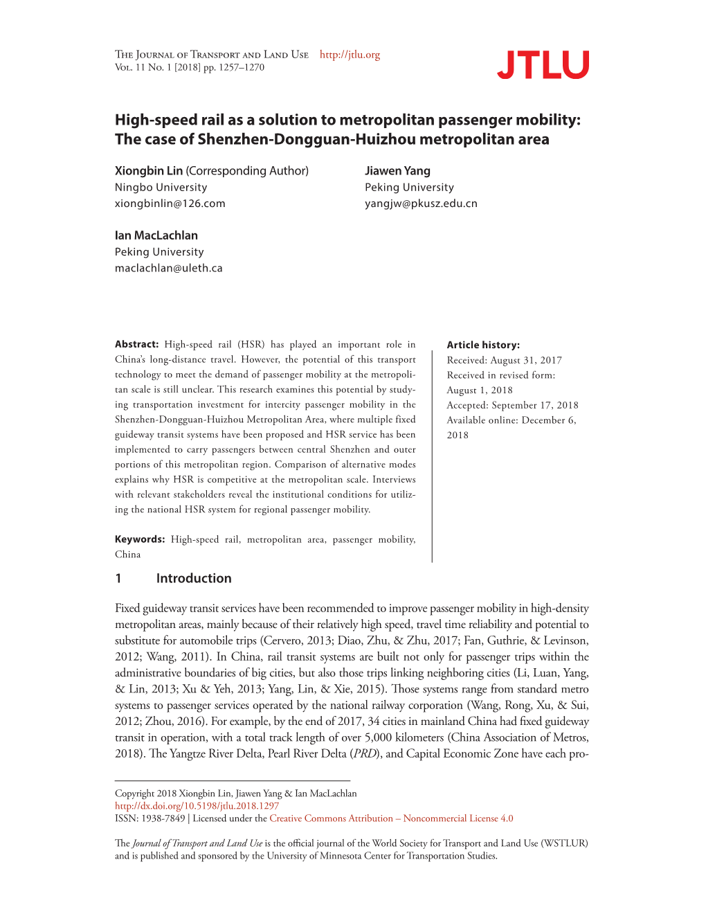 High-Speed Rail As a Solution to Metropolitan Passenger Mobility: the Case of Shenzhen-Dongguan-Huizhou Metropolitan Area