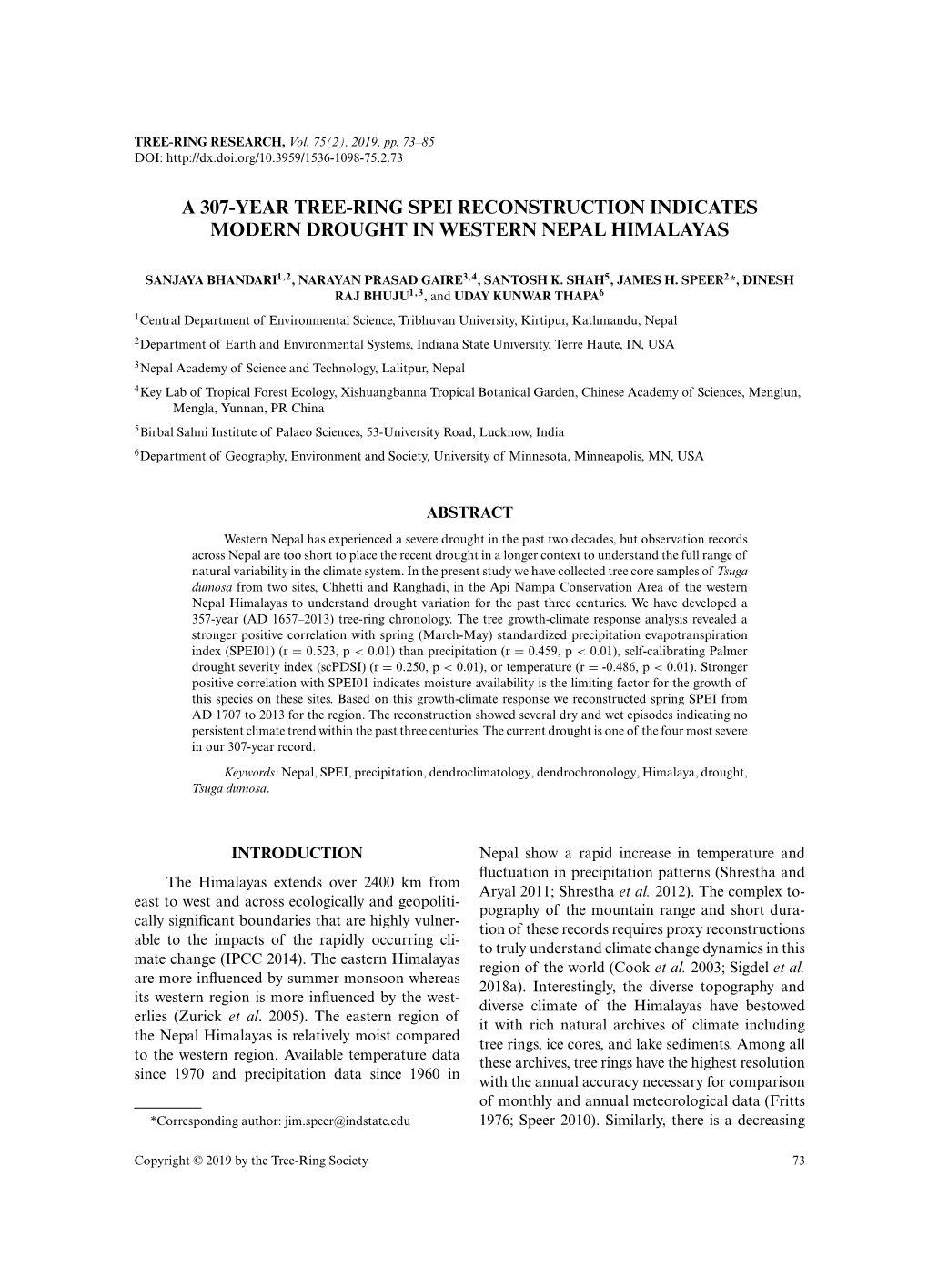 A 307-Year Tree-Ring Spei Reconstruction Indicates Modern Drought in Western Nepal Himalayas