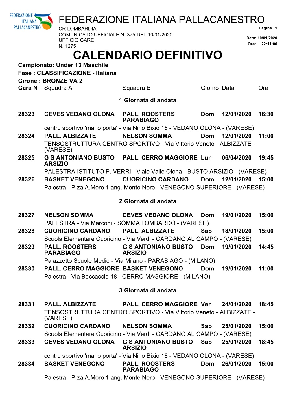 CALENDARIO DEFINITIVO Campionato: Under 13 Maschile Fase : CLASSIFICAZIONE - Italiana Girone : BRONZE VA 2 Gara N Squadra a Squadra B Giorno Data Ora