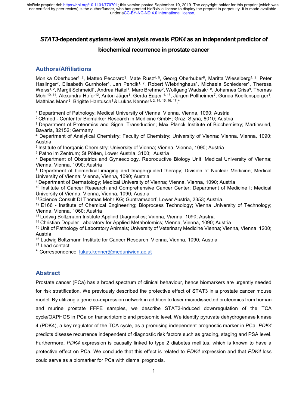 STAT3-Dependent Systems-Level Analysis Reveals PDK4 As an Independent Predictor of Biochemical Recurrence in Prostate Cancer