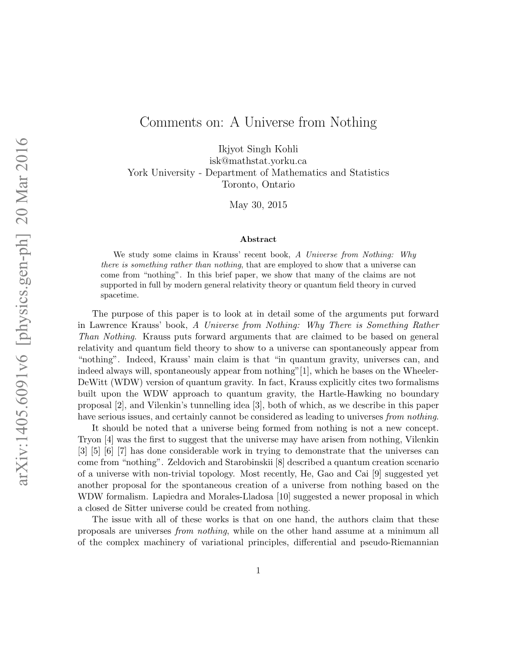 Comments On: a Universe from Nothing