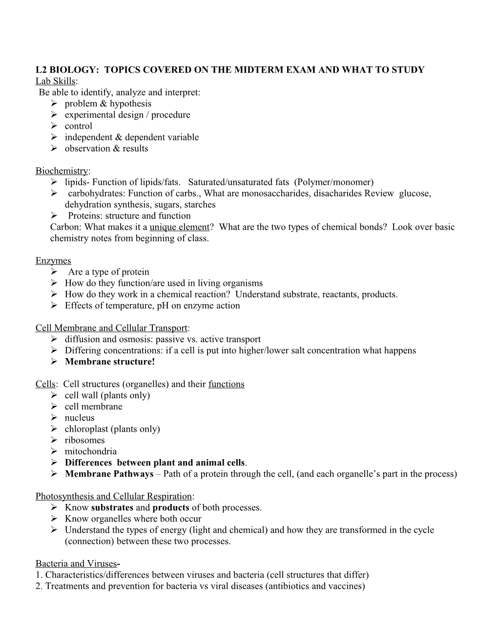 L2 Biology: Topics Covered on the Midterm Exam and What to Study