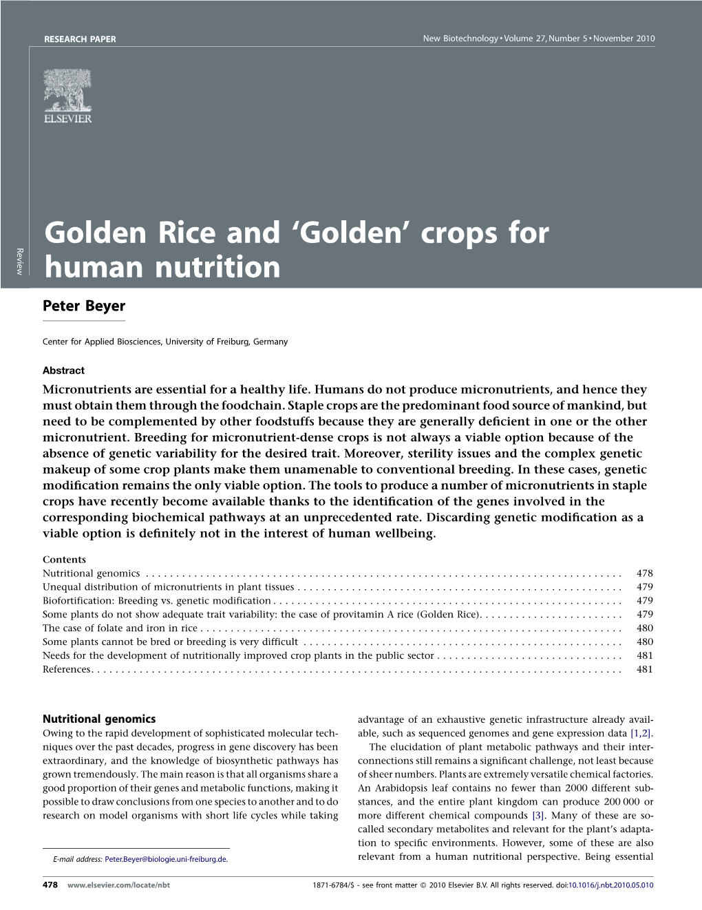 Golden Rice and 'Golden' Crops for Human Nutrition