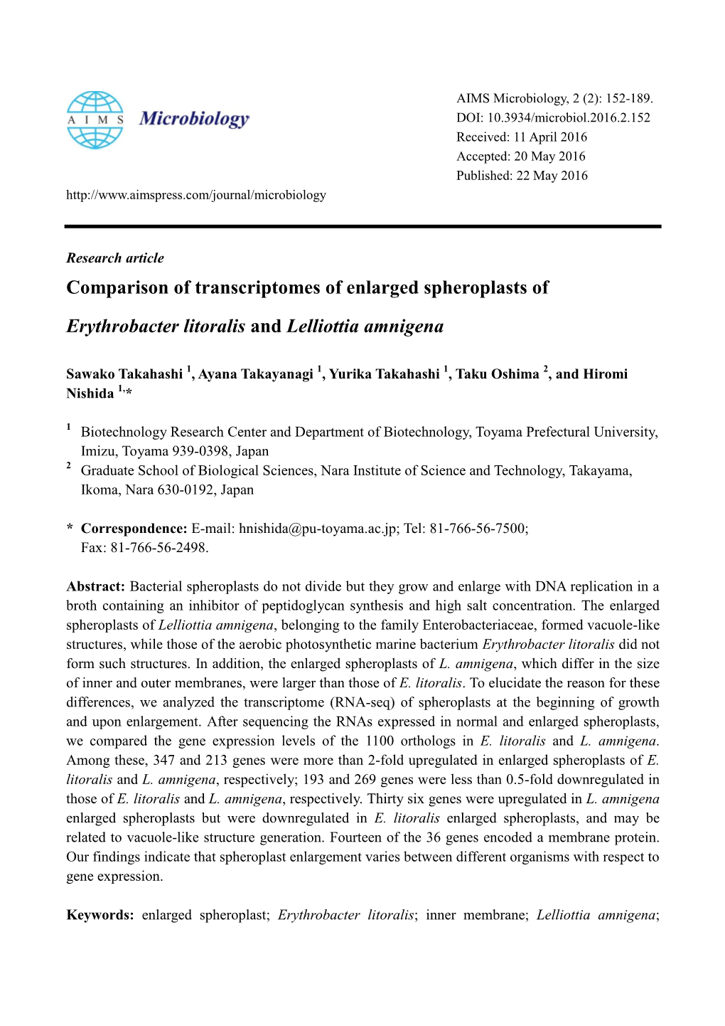 Comparison of Transcriptomes of Enlarged Spheroplasts of Erythrobacter Litoralis and Lelliottia Amnigena