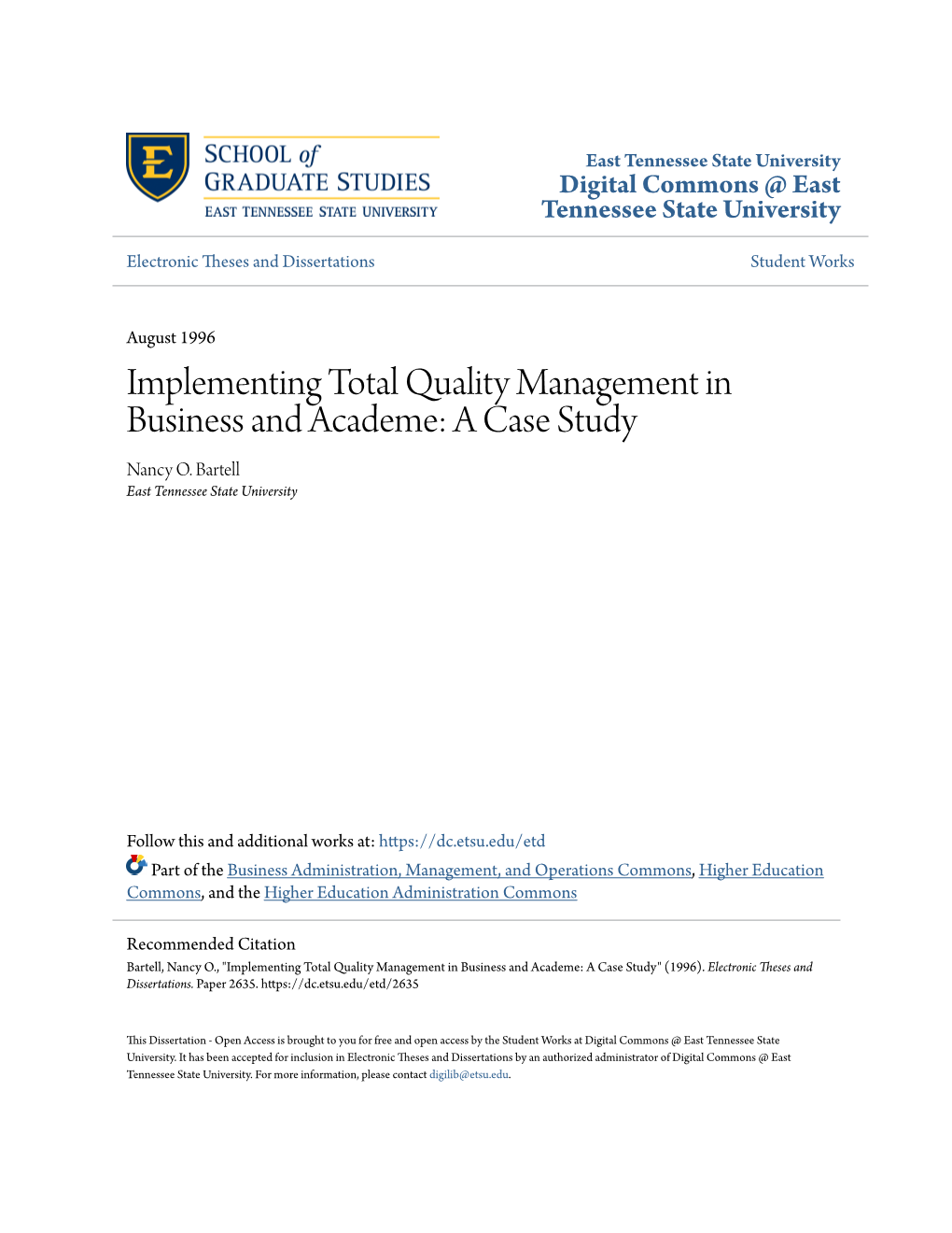 Implementing Total Quality Management in Business and Academe: a Case Study Nancy O