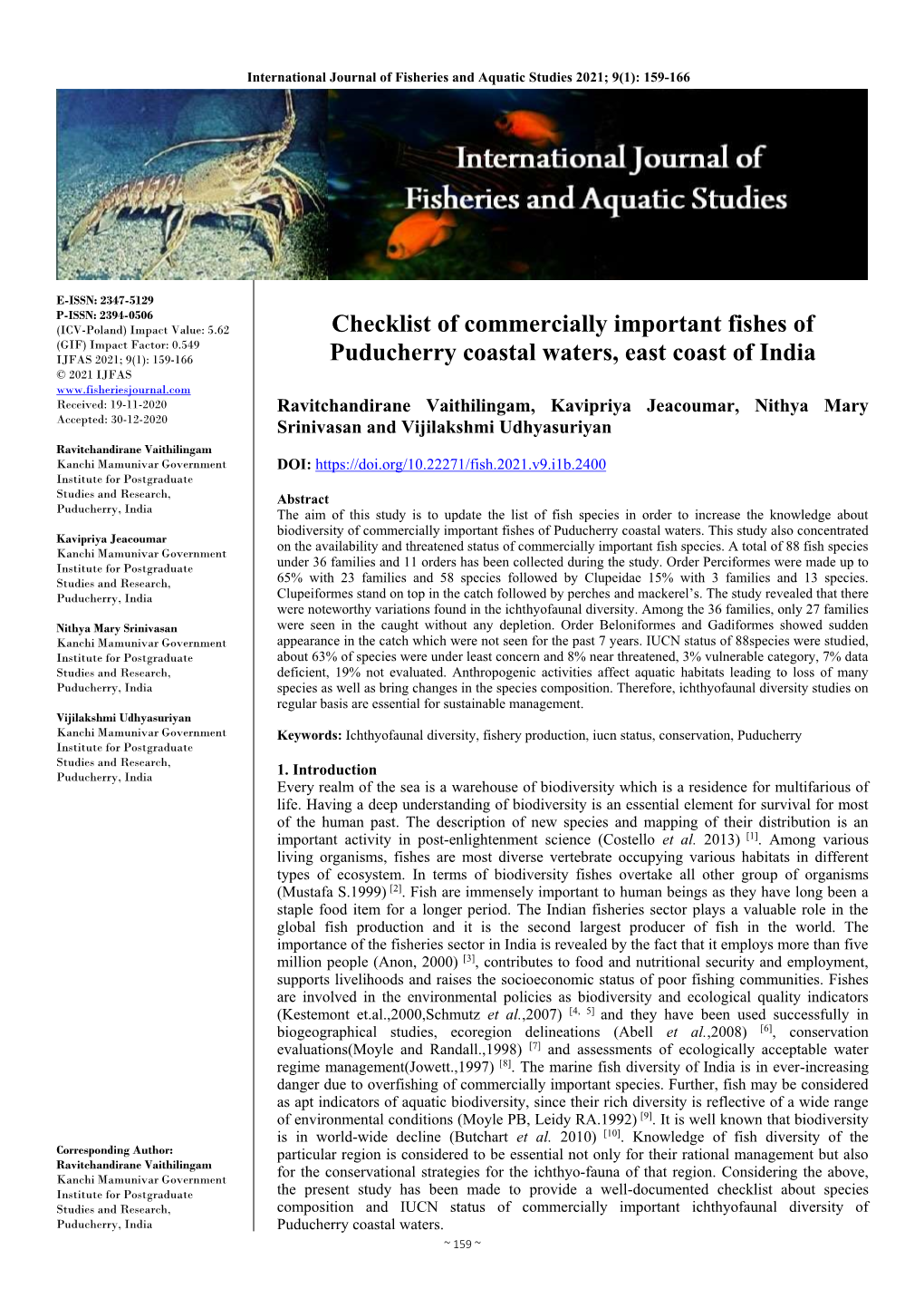 Checklist of Commercially Important Fishes of Puducherry Coastal Waters, East Coast of India